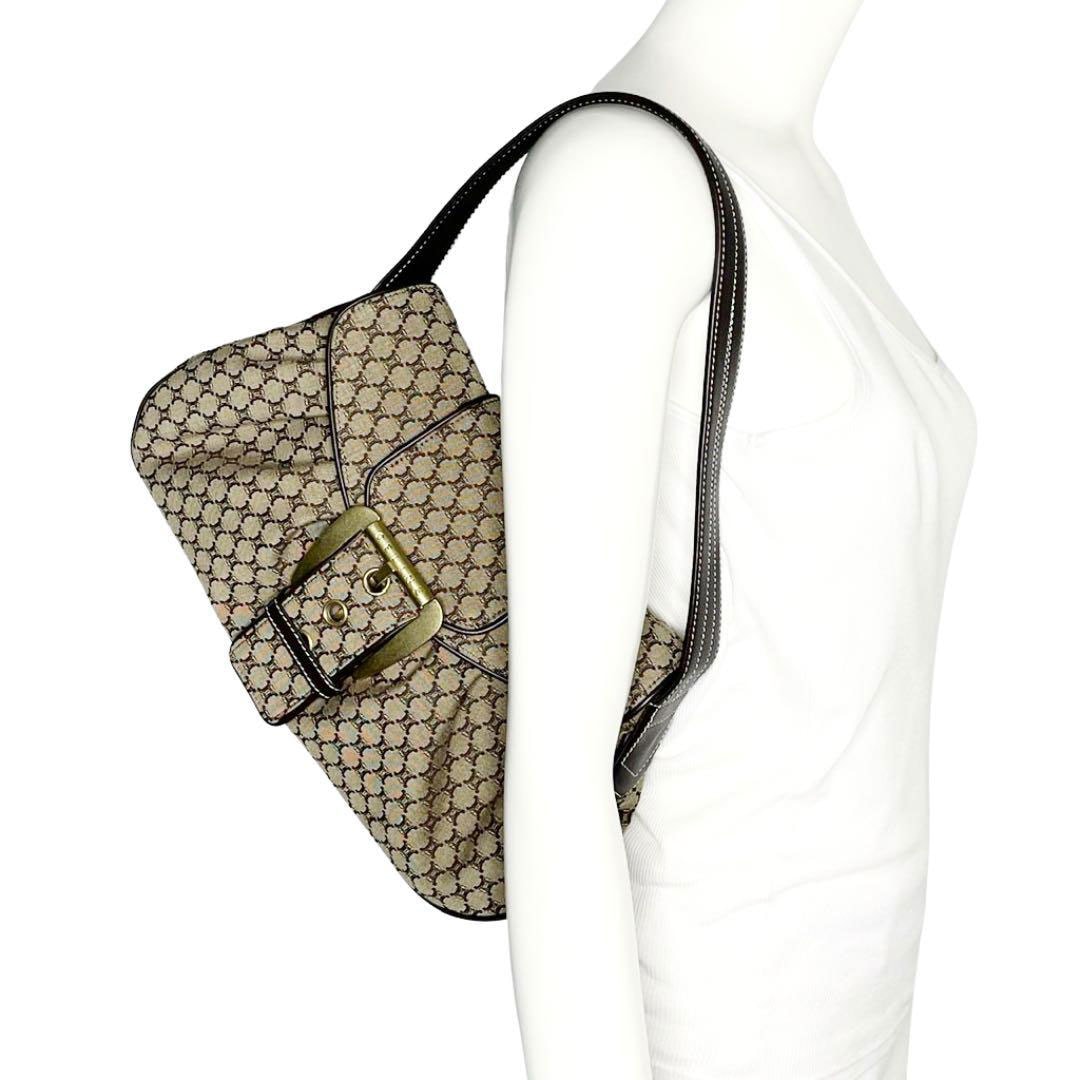 CELINE セリーヌ ワンショルダーバッグ マカダム柄 キャンバス レザー ベージュ ブラウン