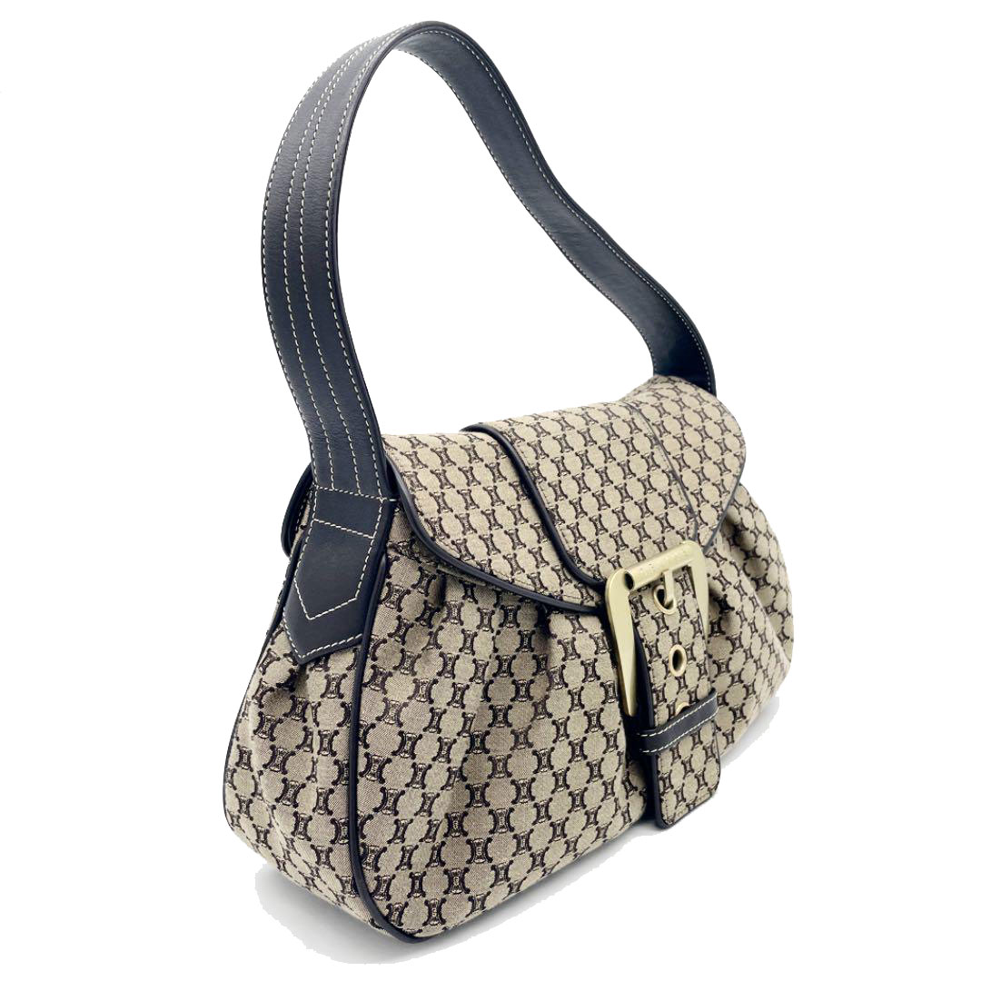 CELINE セリーヌ ワンショルダーバッグ マカダム柄 キャンバス レザー ベージュ ブラウン