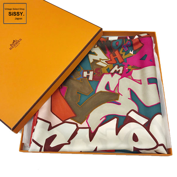 □エルメス□ スカーフ カレ90 「GRAFFITI」 シルク レッド ホワイト