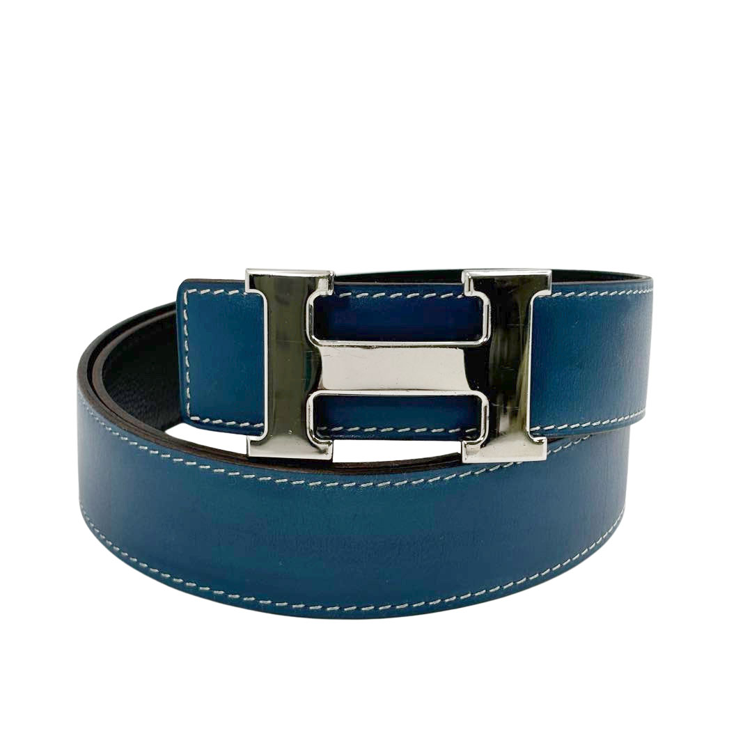 HERMES エルメス Hベルト コンスタンス 80 リバーシブル ボックスカーフ/レザー ブルー/ブラック/シルバー金具 □G刻印