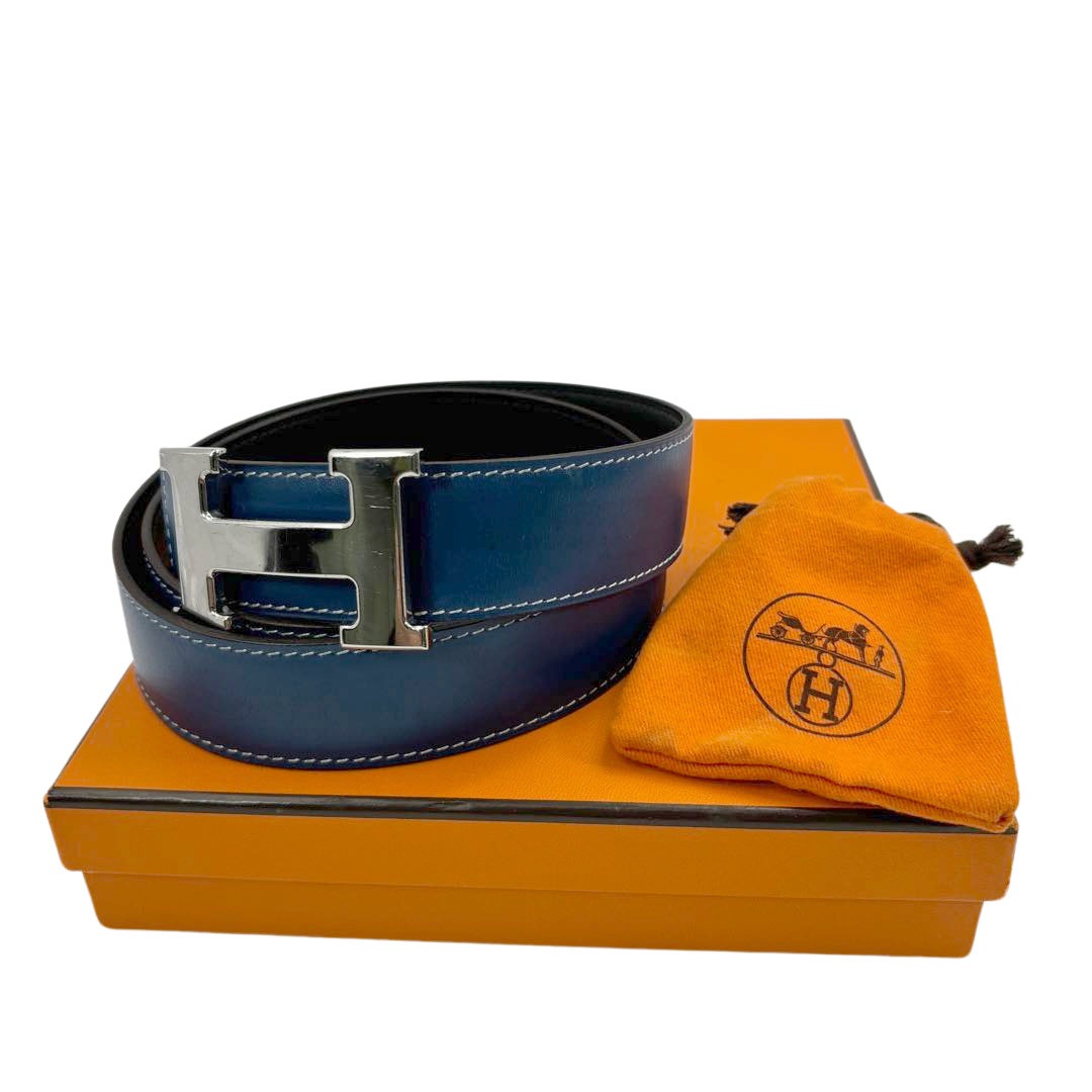 HERMES エルメス Hベルト コンスタンス 80 リバーシブル ボックスカーフ/レザー ブルー/ブラック/シルバー金具 □G刻印