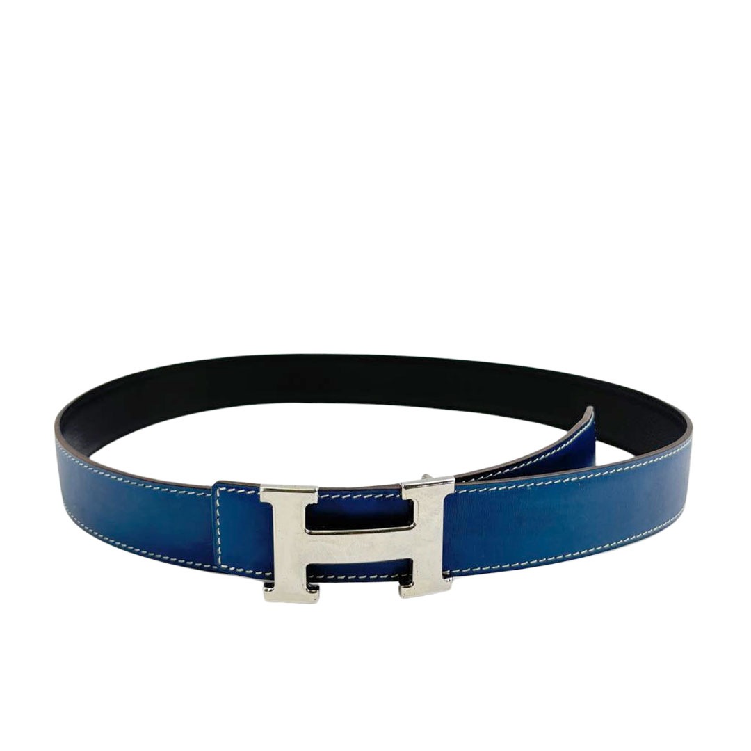 HERMES エルメス Hベルト コンスタンス 80 リバーシブル ボックスカーフ/レザー ブルー/ブラック/シルバー金具 □G刻印