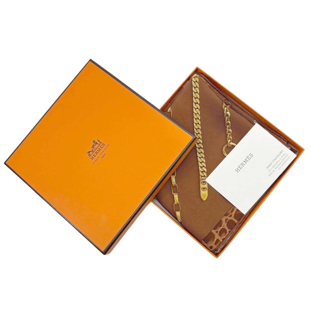 HERMES エルメス スカーフ カレ70 『CHAINES ET GOURMETTES(チェーンとブレスレット)』シェーヌダンクル柄 シルク ブラウン系