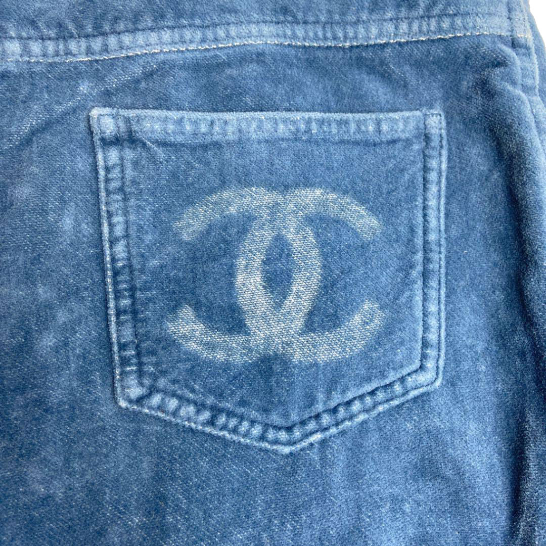 CHANEL シャネル ベロアパンツ ココマーク 40 ブルー 02A