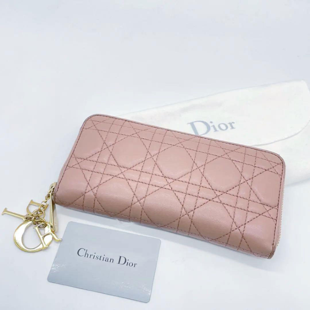 Christian Dior クリスチャンディオール ラウンドファスナー 長財布 カナージュ ピンクベージュ系