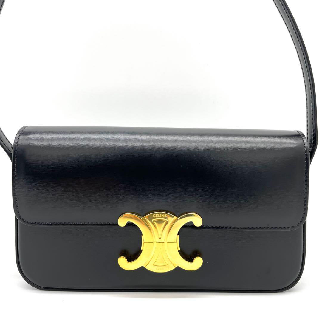 CELINE セリーヌ ハンドバッグ ショルダーバッグ トリオンフ シャイニーカーフスキン ブラック ゴールド金具 19414
