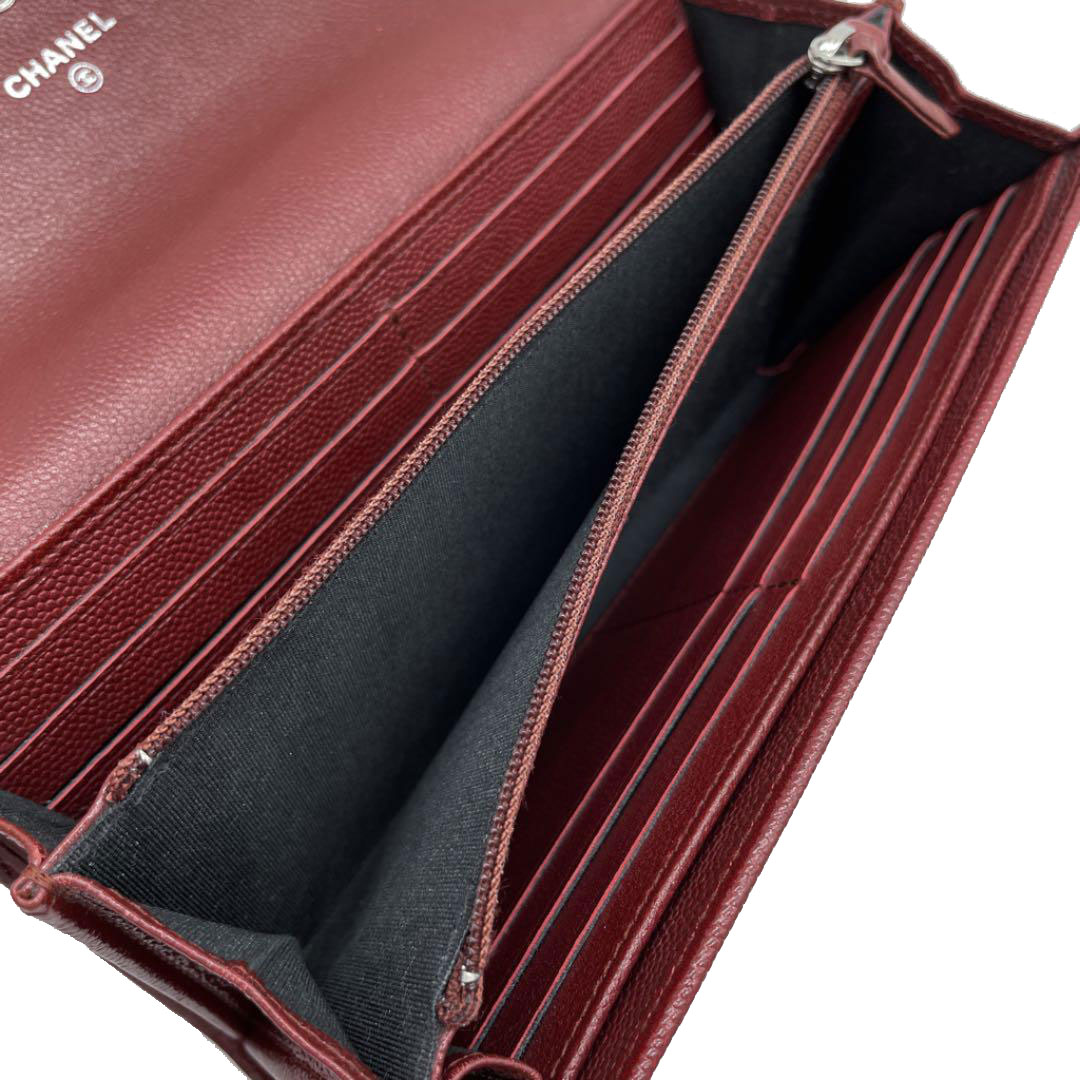 CHANEL シャネル 二つ折り長財布 キャビアスキン ココマーク ボルドー シルバー金具 18番台