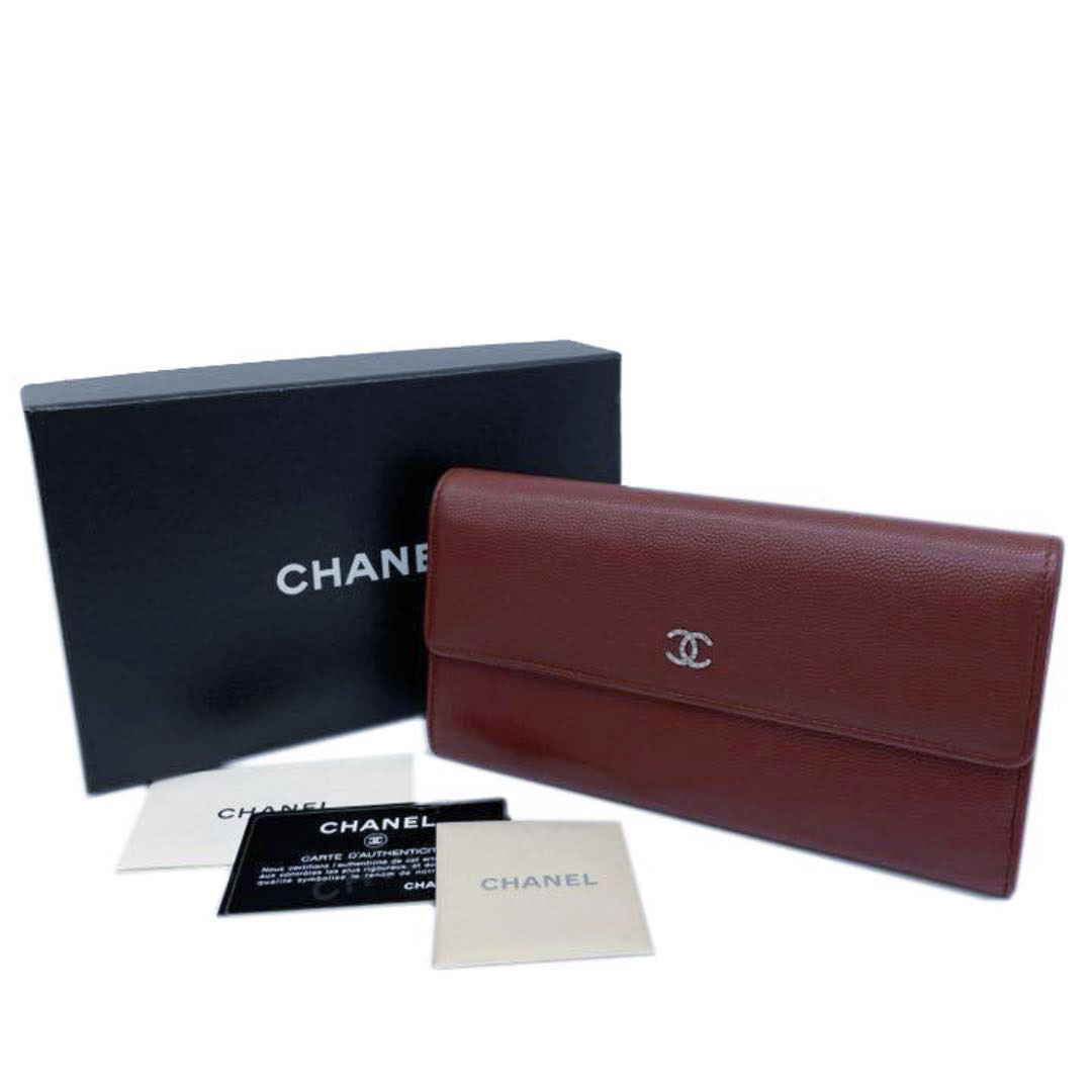 CHANEL シャネル 二つ折り長財布 キャビアスキン ココマーク ボルドー シルバー金具 18番台
