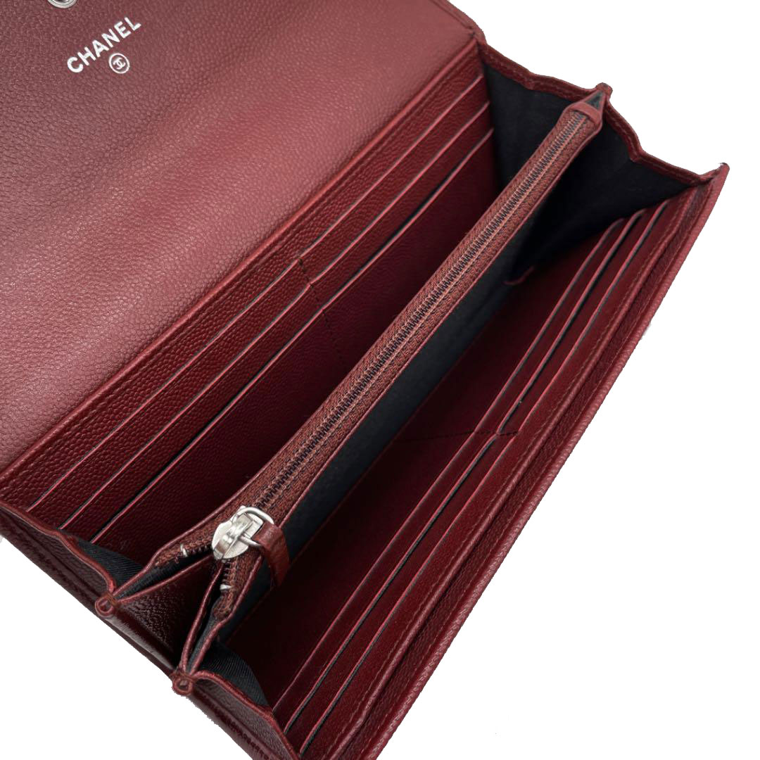 CHANEL シャネル 二つ折り長財布 キャビアスキン ココマーク ボルドー シルバー金具 18番台