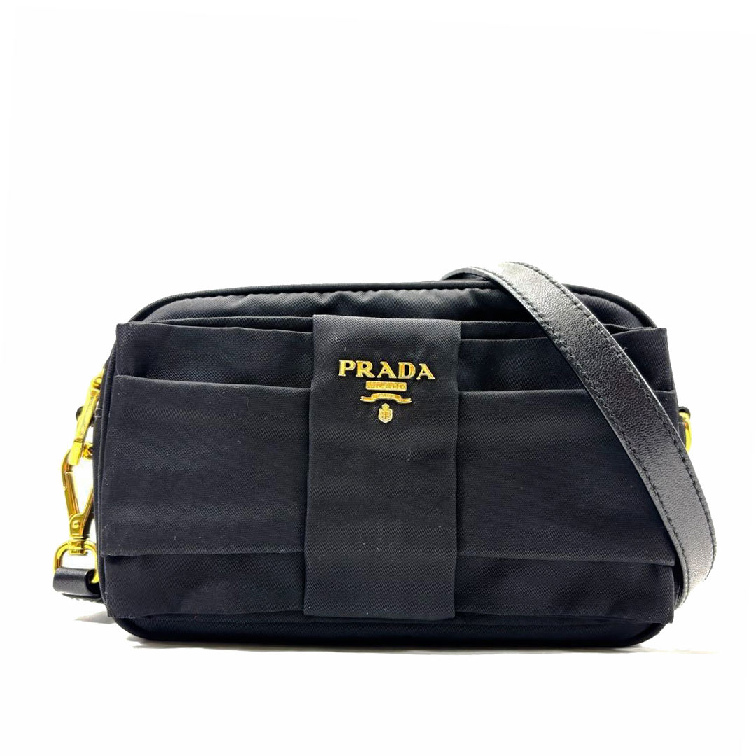 PRADA プラダ リボン ミニショルダーバッグ ナイロン ブラック/ゴールド金具