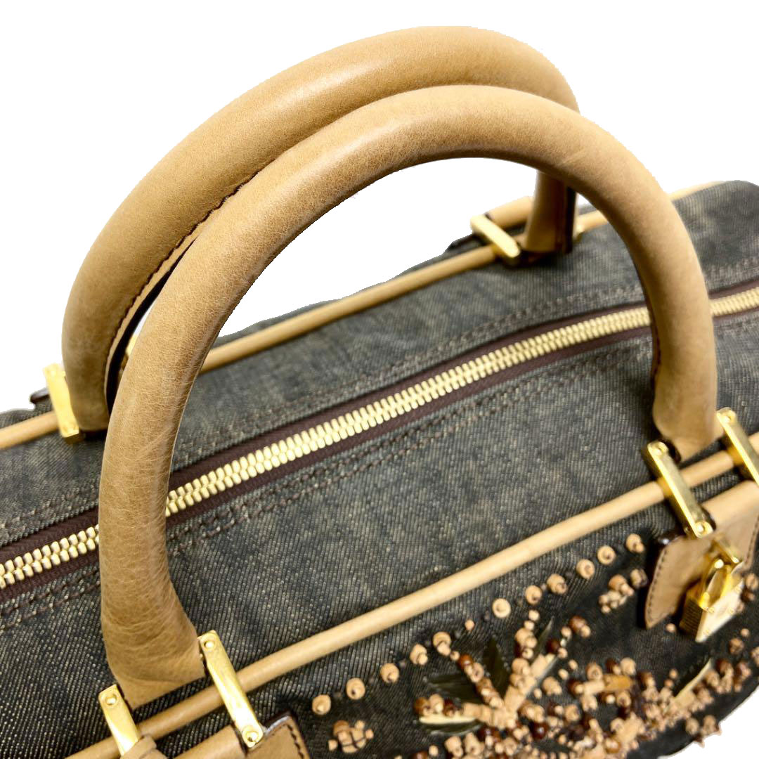 LOEWE ロエベ アマソナ36 ハンドバッグ ウッドビーズ キャンバス レザー インディゴブルー ブラウン系 2007年限定