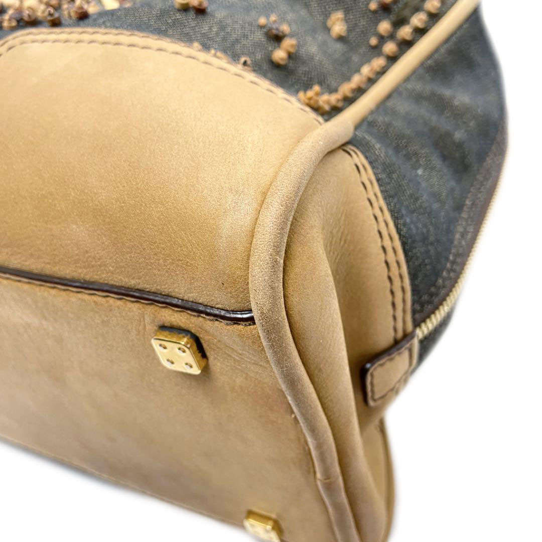 LOEWE ロエベ アマソナ36 ハンドバッグ ウッドビーズ キャンバス レザー インディゴブルー ブラウン系 2007年限定