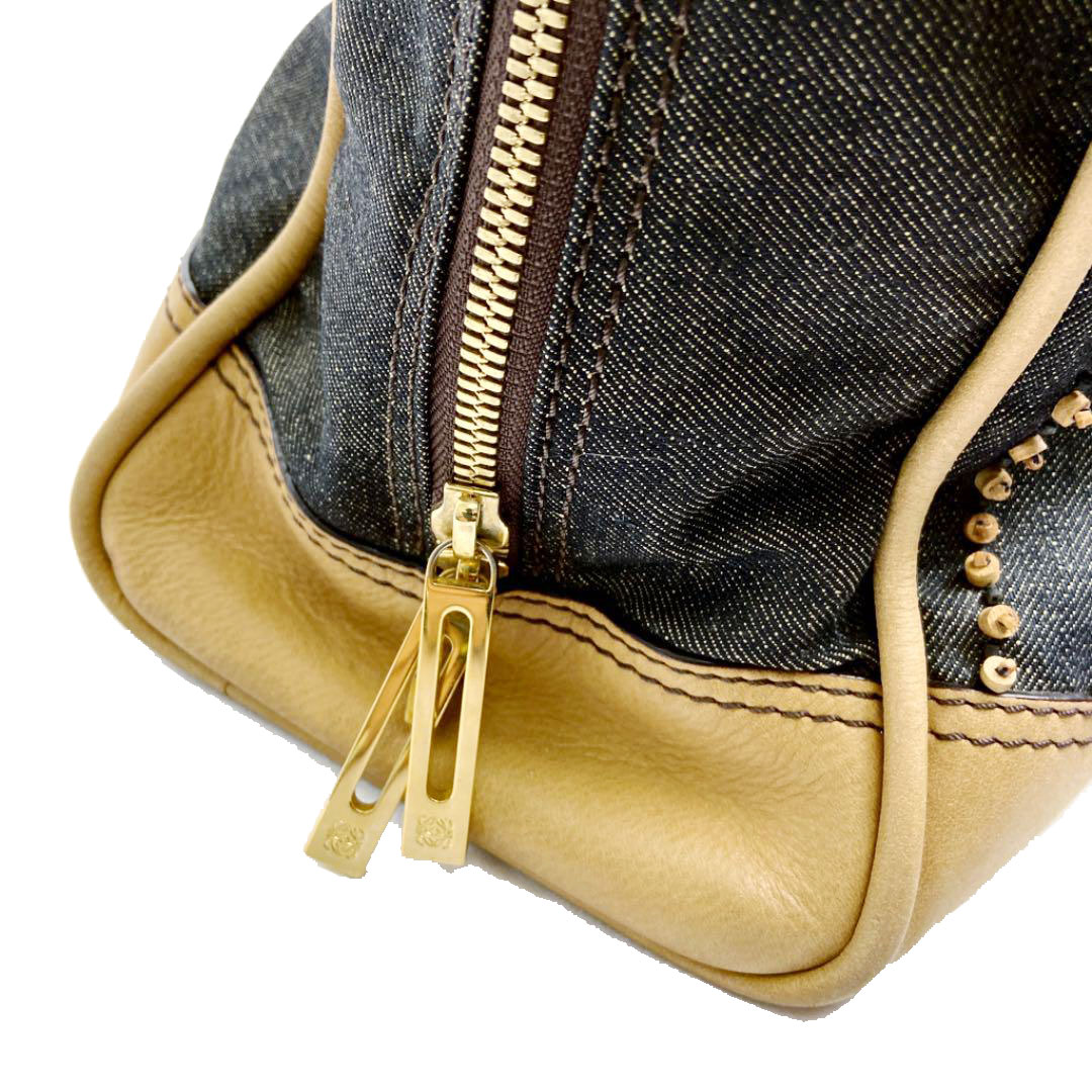 LOEWE ロエベ アマソナ36 ハンドバッグ ウッドビーズ キャンバス レザー インディゴブルー ブラウン系 2007年限定