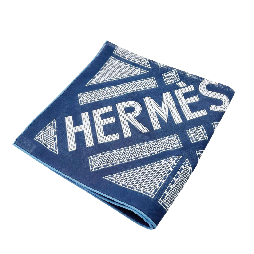 HERMES エルメス ハンカチーフ 42 『SELLIER(セリエ)』 コットン100％ ブルー系