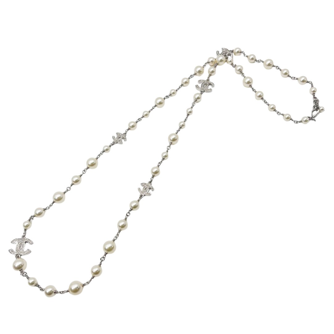 CHANEL シャネル ロングネックレス ココマーク A12A フェイクパール/ラインストーン シルバー