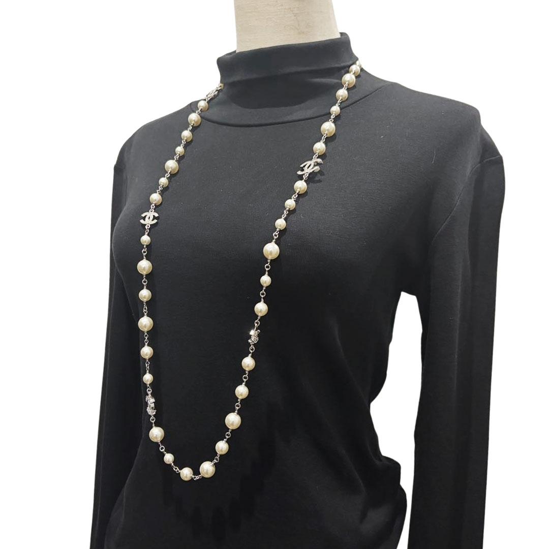 CHANEL シャネル ロングネックレス ココマーク A12A フェイクパール/ラインストーン シルバー