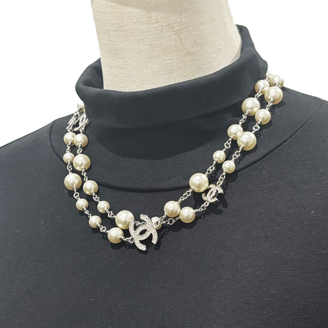 CHANEL シャネル ロングネックレス ココマーク A12A フェイクパール/ラインストーン シルバー