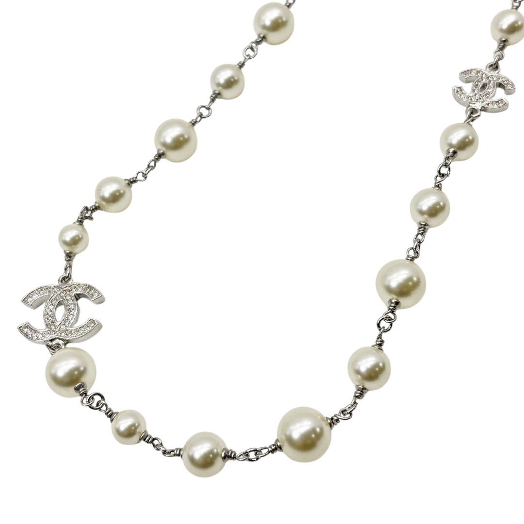 CHANEL シャネル ロングネックレス ココマーク A12A フェイクパール/ラインストーン シルバー