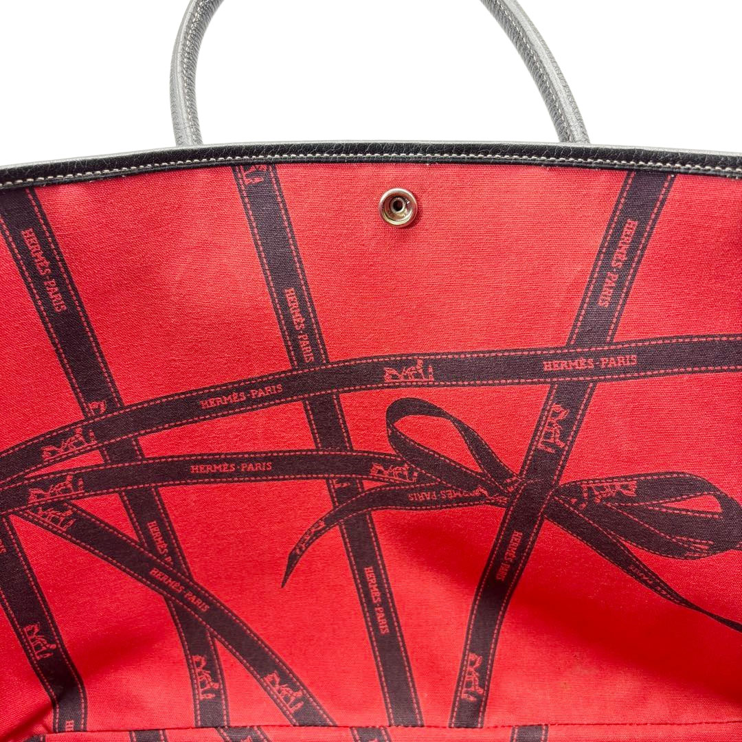 HERMES エルメス トートバッグ ガーデンパーティ PM ボルデュック リボン柄 トワルアッシュ グレー 2006年 クリスマス限定