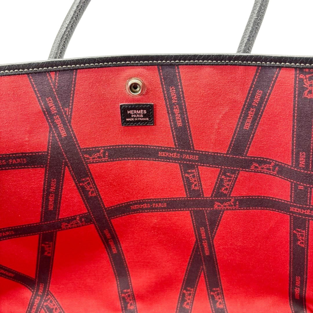 HERMES エルメス トートバッグ ガーデンパーティ PM ボルデュック リボン柄 トワルアッシュ グレー 2006年 クリスマス限定