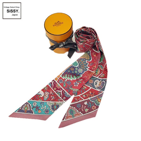 ■エルメス■ ツイリー 「AU PAYS DES OISEAUX FLEURS」 リボンスカーフ シルク 赤 マルチカラー 花 鳥 【HERMES】