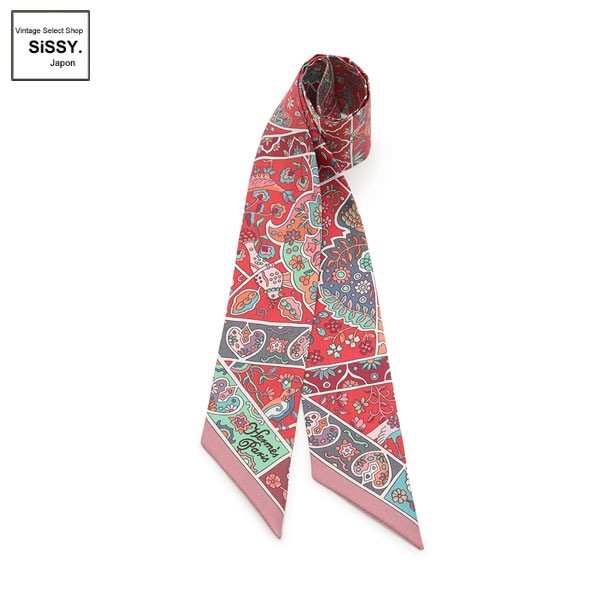 ■エルメス■ ツイリー 「AU PAYS DES OISEAUX FLEURS」 リボンスカーフ シルク 赤 マルチカラー 花 鳥 【HERMES】