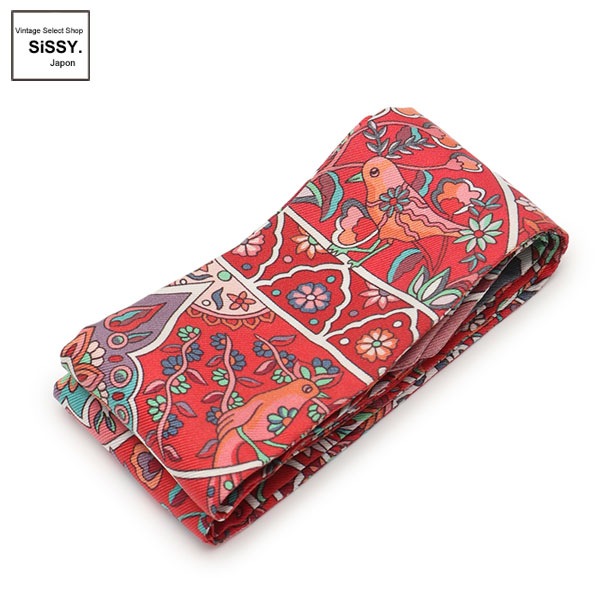 ■エルメス■ ツイリー 「AU PAYS DES OISEAUX FLEURS」 リボンスカーフ シルク 赤 マルチカラー 花 鳥 【HERMES】