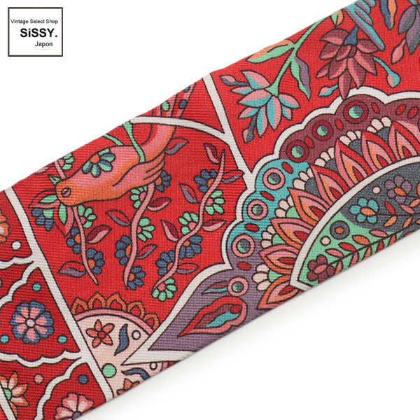 ■エルメス■ ツイリー 「AU PAYS DES OISEAUX FLEURS」 リボンスカーフ シルク 赤 マルチカラー 花 鳥 【HERMES】