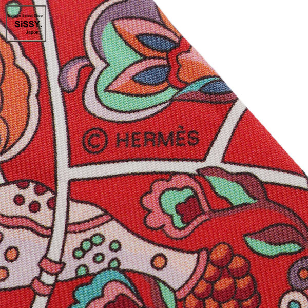 ■エルメス■ ツイリー 「AU PAYS DES OISEAUX FLEURS」 リボンスカーフ シルク 赤 マルチカラー 花 鳥 【HERMES】