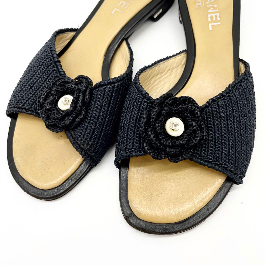 CHANEL シャネル サンダル ストロー ブラック 38 レディース ...