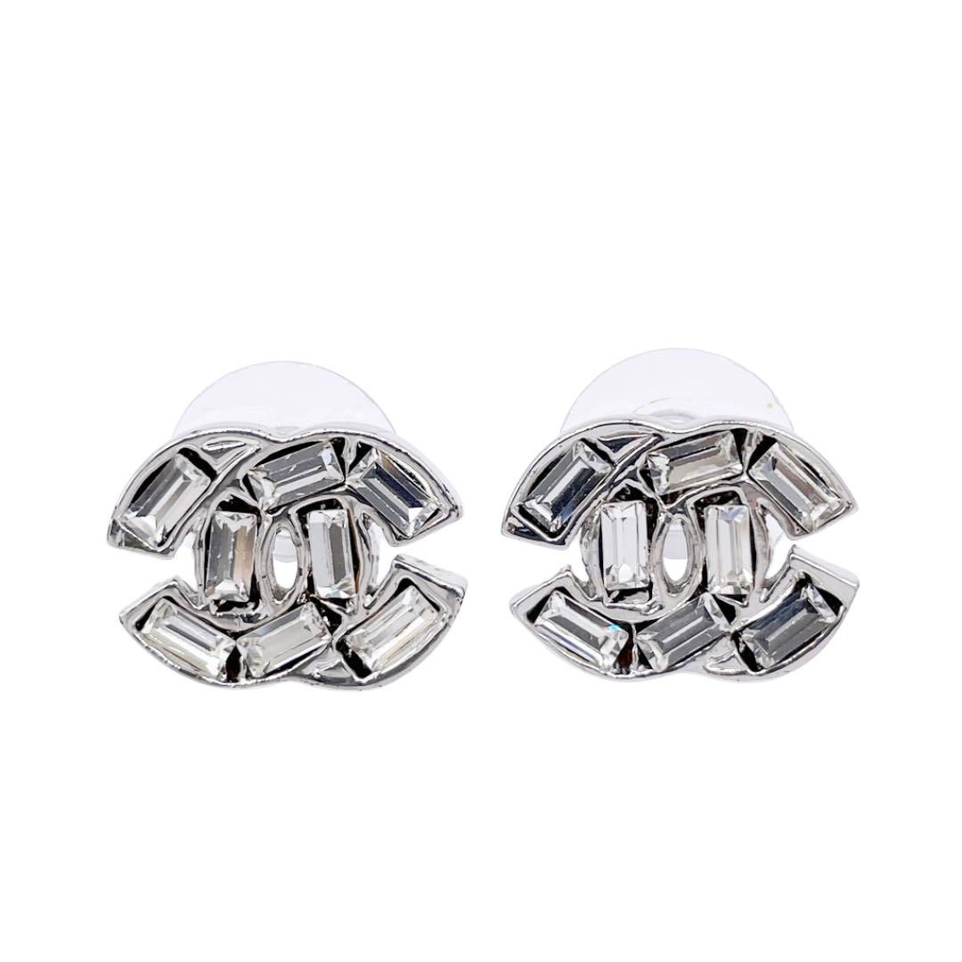 CHANEL シャネル ピアス ココマーク スクエアラインストーン シルバー 
