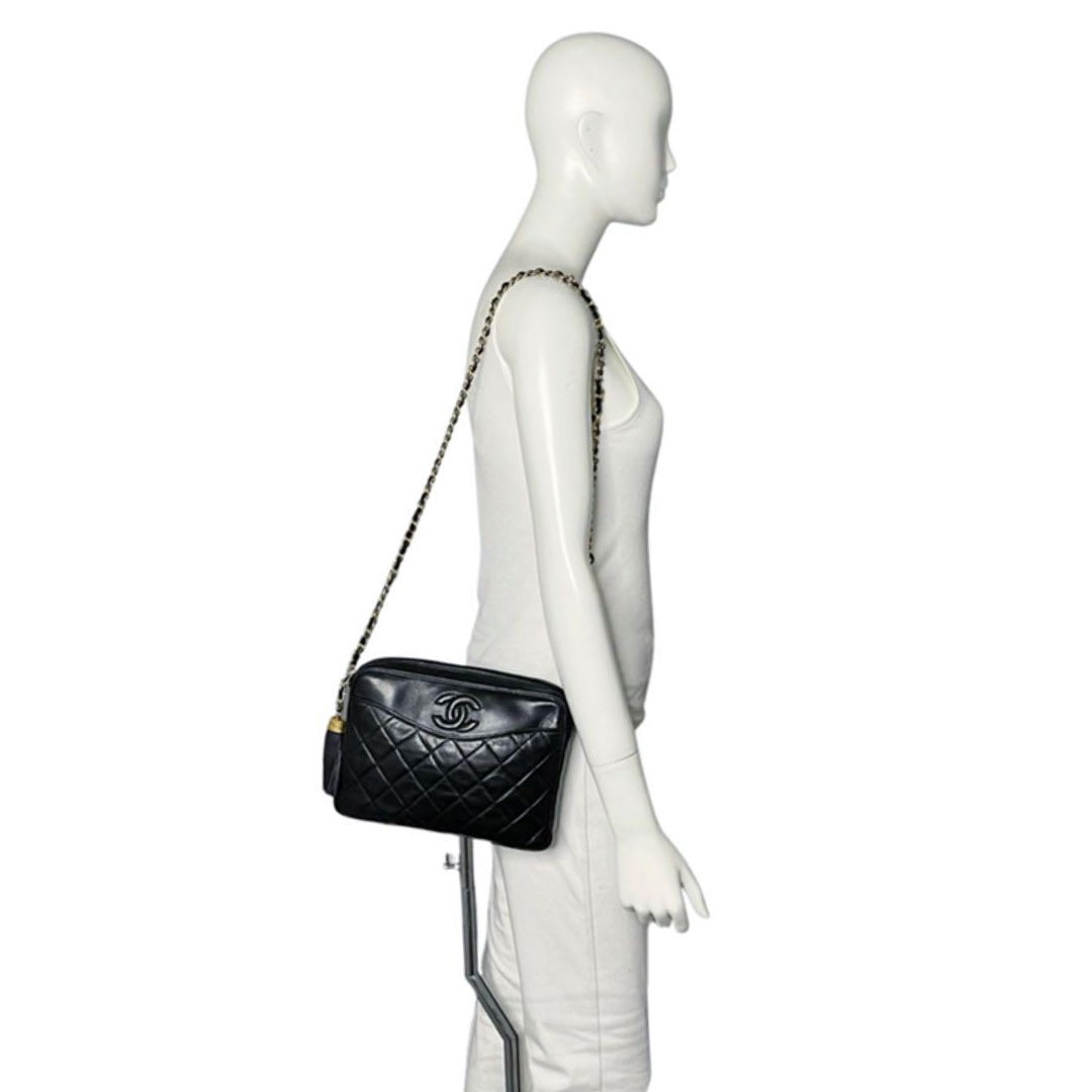 CHANEL シャネル チェーンショルダーバッグ フリンジ ココマーク ラムスキン ブラック ゴールド金具 0番台