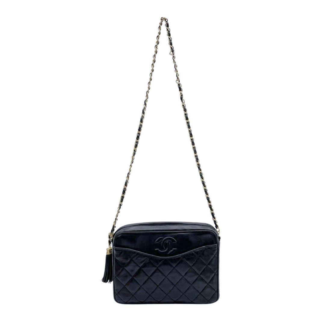 CHANEL シャネル チェーンショルダーバッグ フリンジ ココマーク ラムスキン ブラック ゴールド金具 0番台
