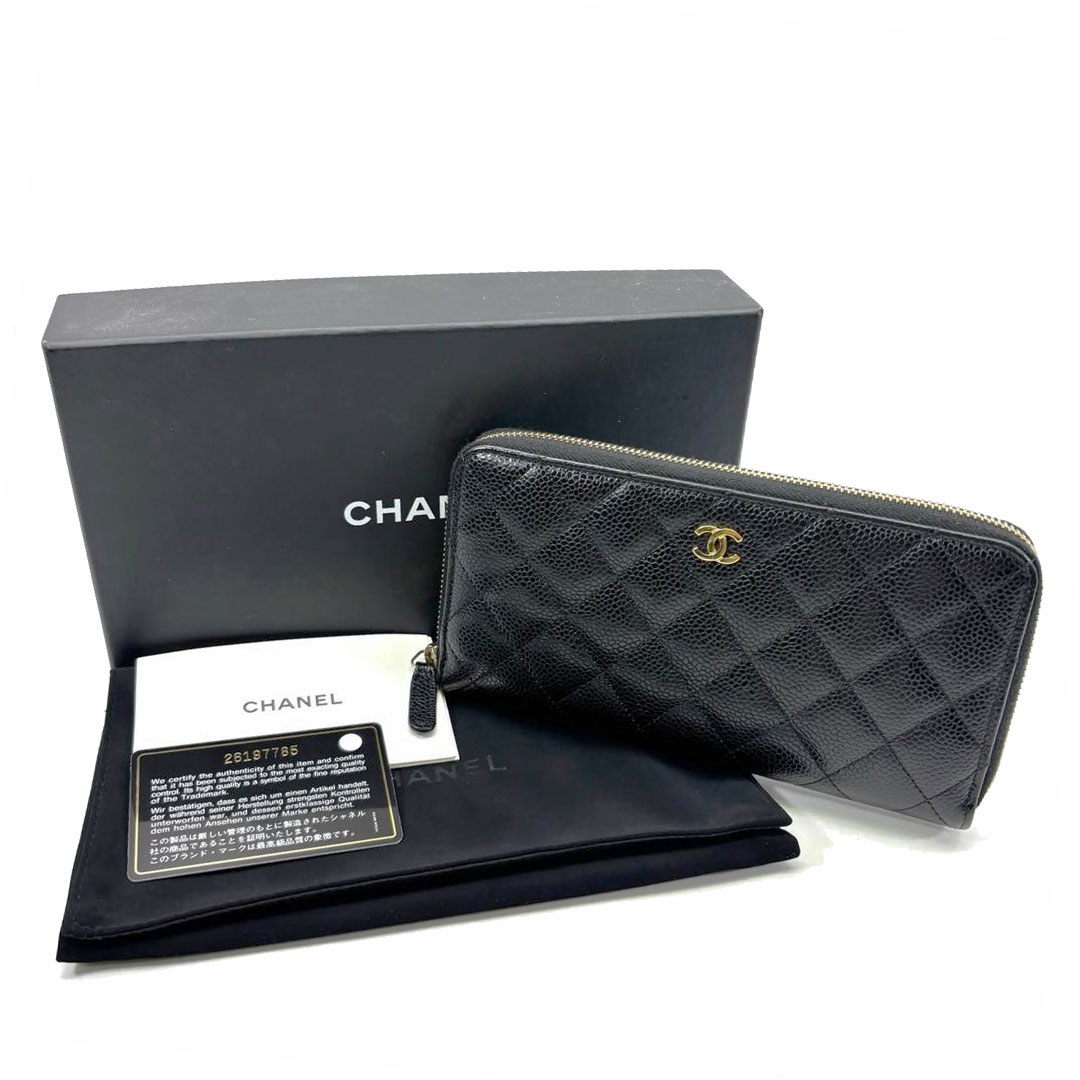 CHANEL シャネル ラウンドファスナー長財布 マトラッセ キャビアスキン ブラック ゴールド金具 26番台