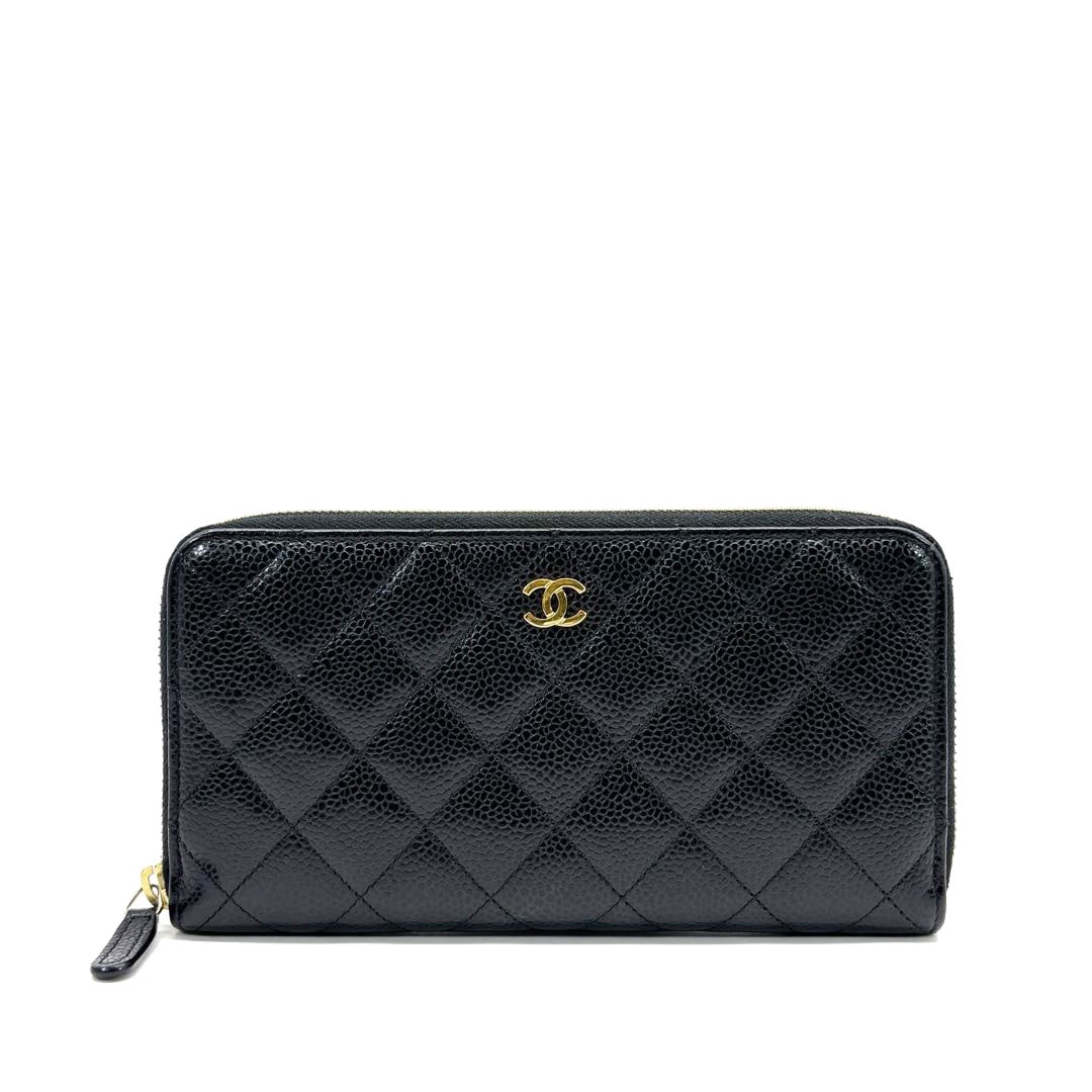 CHANEL シャネル ラウンドファスナー長財布 マトラッセ キャビアスキン ブラック ゴールド金具 26番台