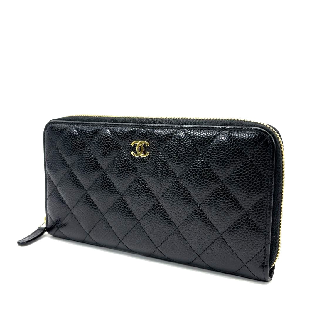 CHANEL シャネル ラウンドファスナー長財布 マトラッセ キャビアスキン ブラック ゴールド金具 26番台