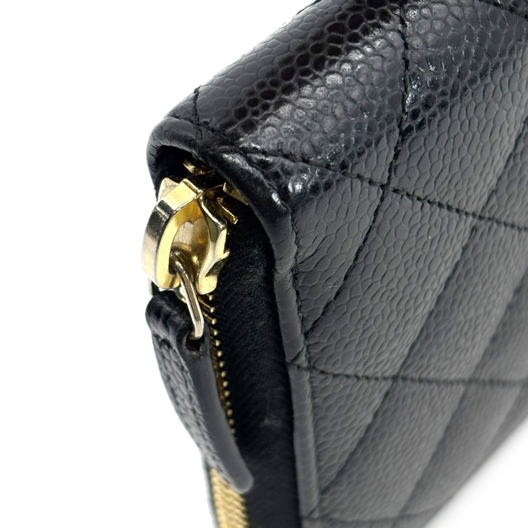 CHANEL シャネル ラウンドファスナー長財布 マトラッセ キャビアスキン ブラック ゴールド金具 26番台