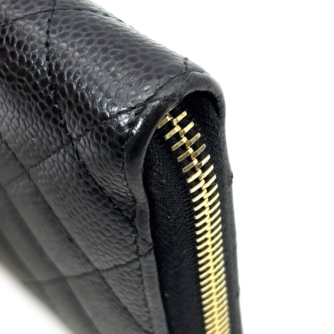 CHANEL シャネル ラウンドファスナー長財布 マトラッセ キャビアスキン ブラック ゴールド金具 26番台