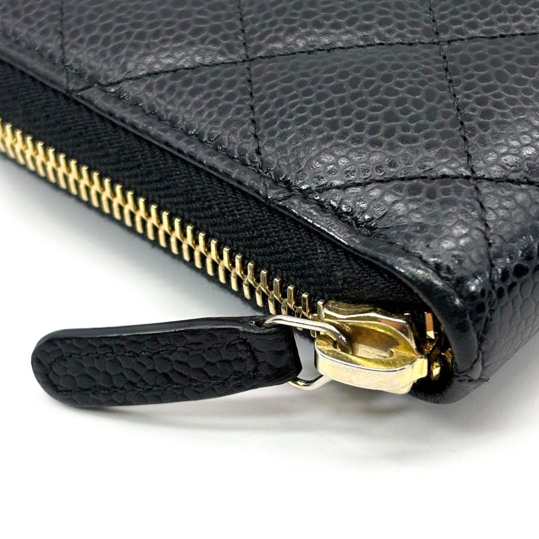 CHANEL シャネル ラウンドファスナー長財布 マトラッセ キャビアスキン ブラック ゴールド金具 26番台