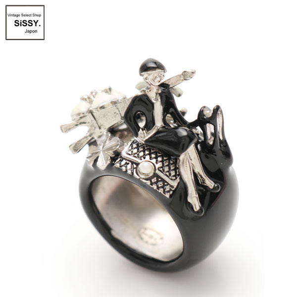 □シャネル□ ココマーク カメリア リング 指輪 黒 アイボリー 13K 約