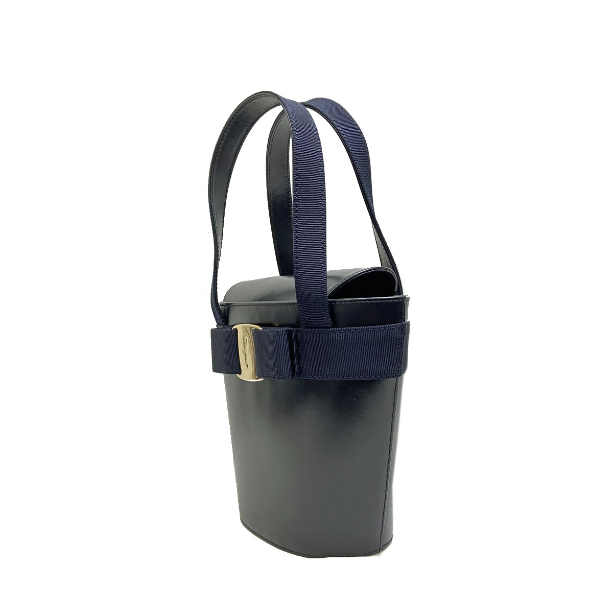 Salvatore Ferragamo フェラガモ ヴァラリボン ハンドバッグ レザー ネイビー/ゴールド金具 BA216161