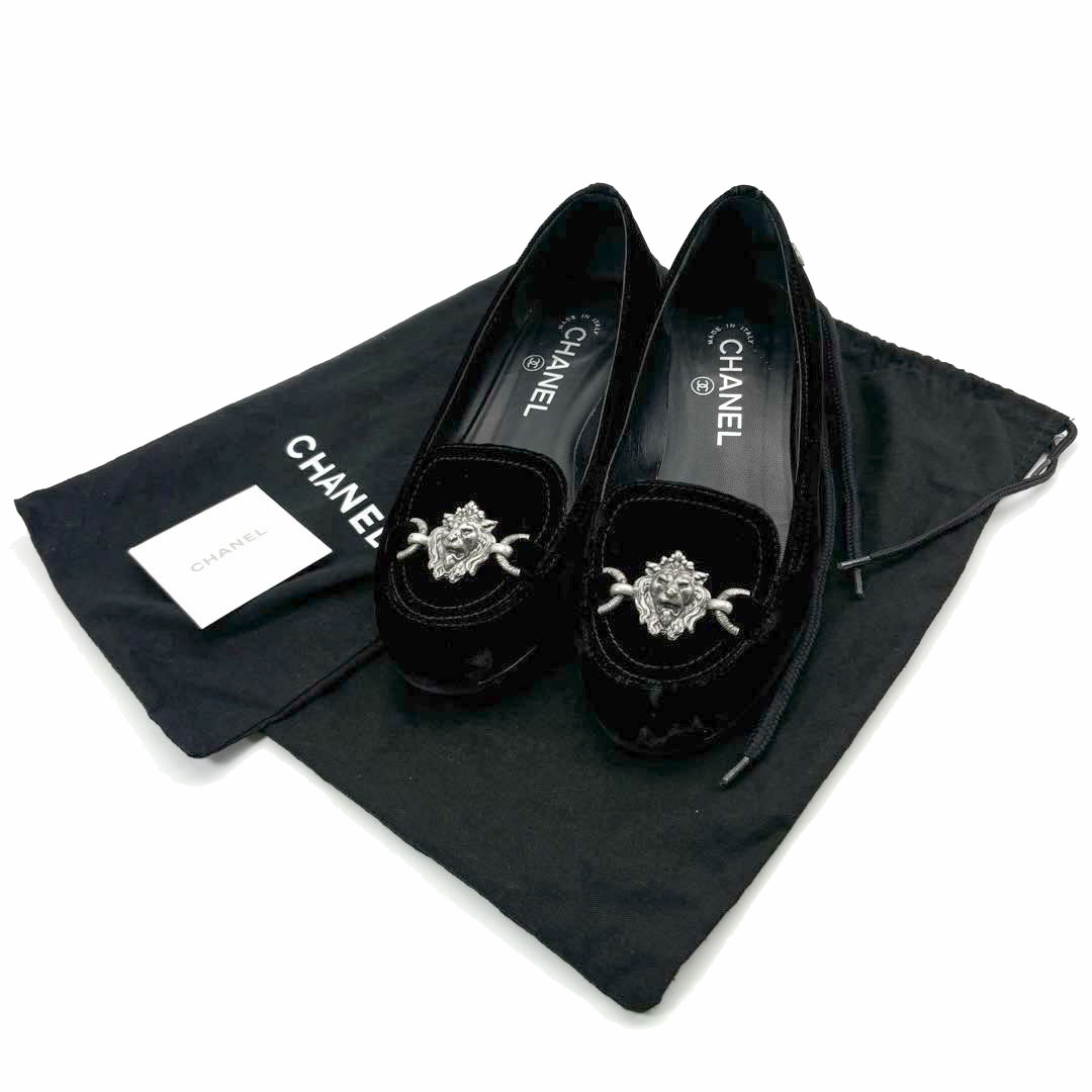 CHANEL シャネル フラットパンプス ライオンエンブレム ベルベット ブラック 36C(約23cmくらい) 