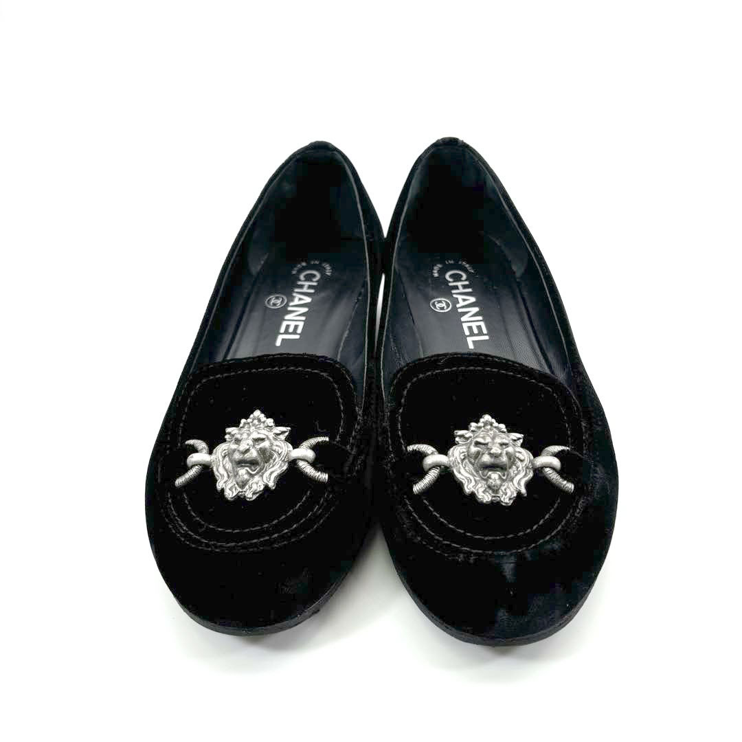 CHANEL シャネル フラットパンプス ライオンエンブレム ベルベット ブラック 36C(約23cmくらい) 