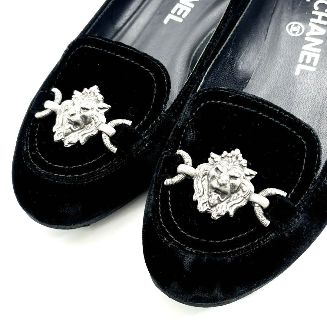 CHANEL シャネル フラットパンプス ライオンエンブレム ベルベット ブラック 36C(約23cmくらい) 