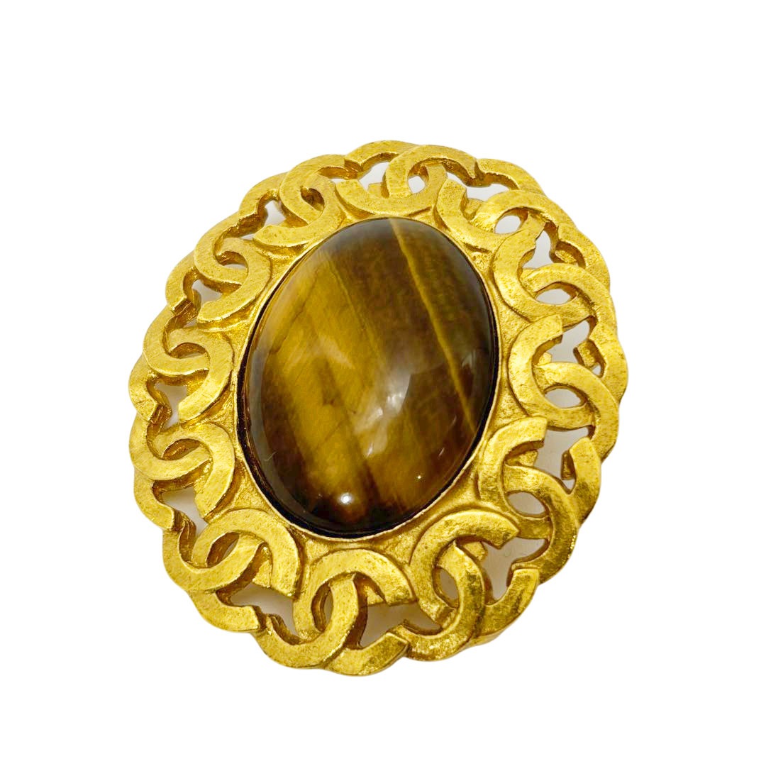 CHANEL シャネル ヴィンテージブローチ タイガーアイ ココマーク 楕円 95A ゴールド