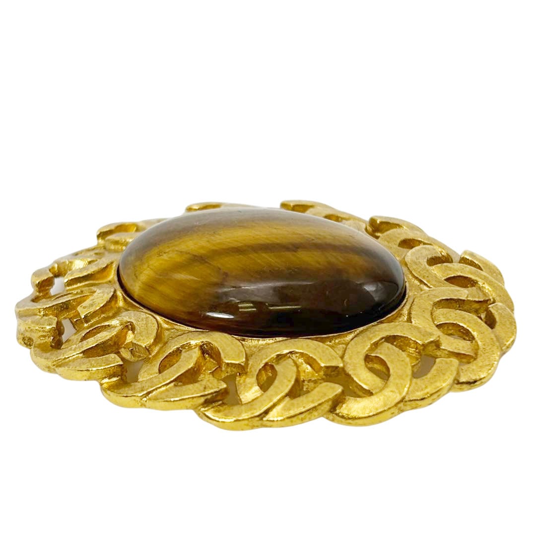 CHANEL シャネル ヴィンテージブローチ タイガーアイ ココマーク 楕円 95A ゴールド
