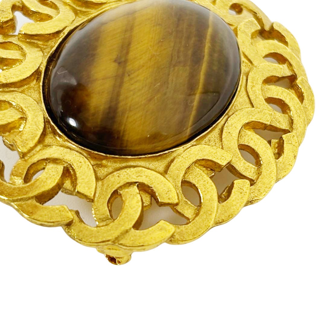 CHANEL シャネル ヴィンテージブローチ タイガーアイ ココマーク 楕円 95A ゴールド