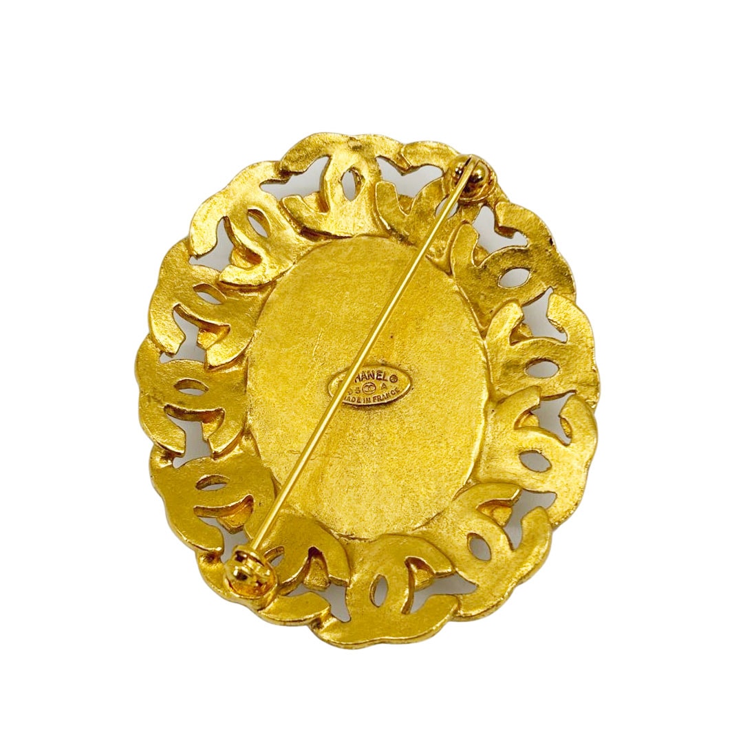 CHANEL シャネル ヴィンテージブローチ タイガーアイ ココマーク 楕円 95A ゴールド