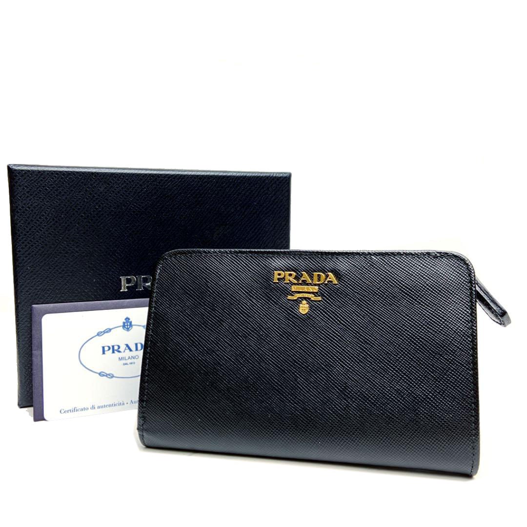 PRADA プラダ サフィアーノレザー 二つ折り財布 ブラック ゴールド金具 1M1225