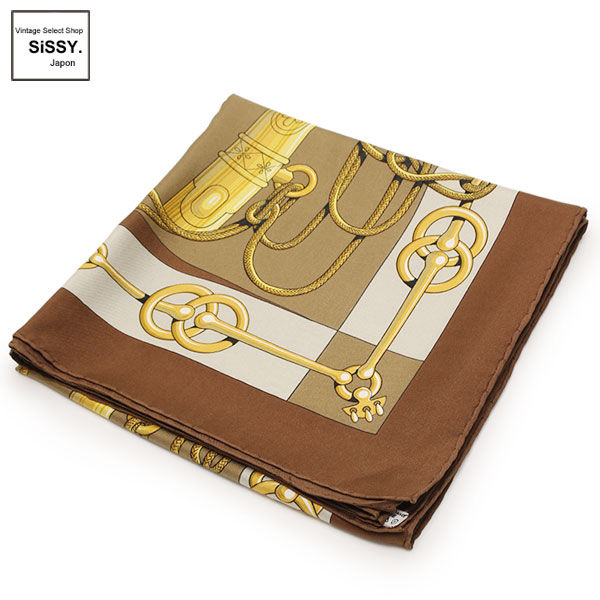 ■エルメス■ カレ90 スカーフ「Cliquetis」シルク ブラウン ベージュ ゴールド 【HERMES】